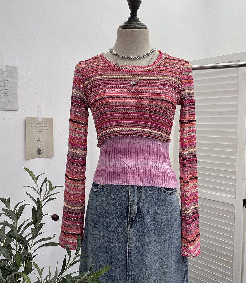 Maxct outfit inspo fall American Hot Girl Contrast Color Striped Stitching Short Navel Blouse + Slim Camisole Two-Piece Set 8869