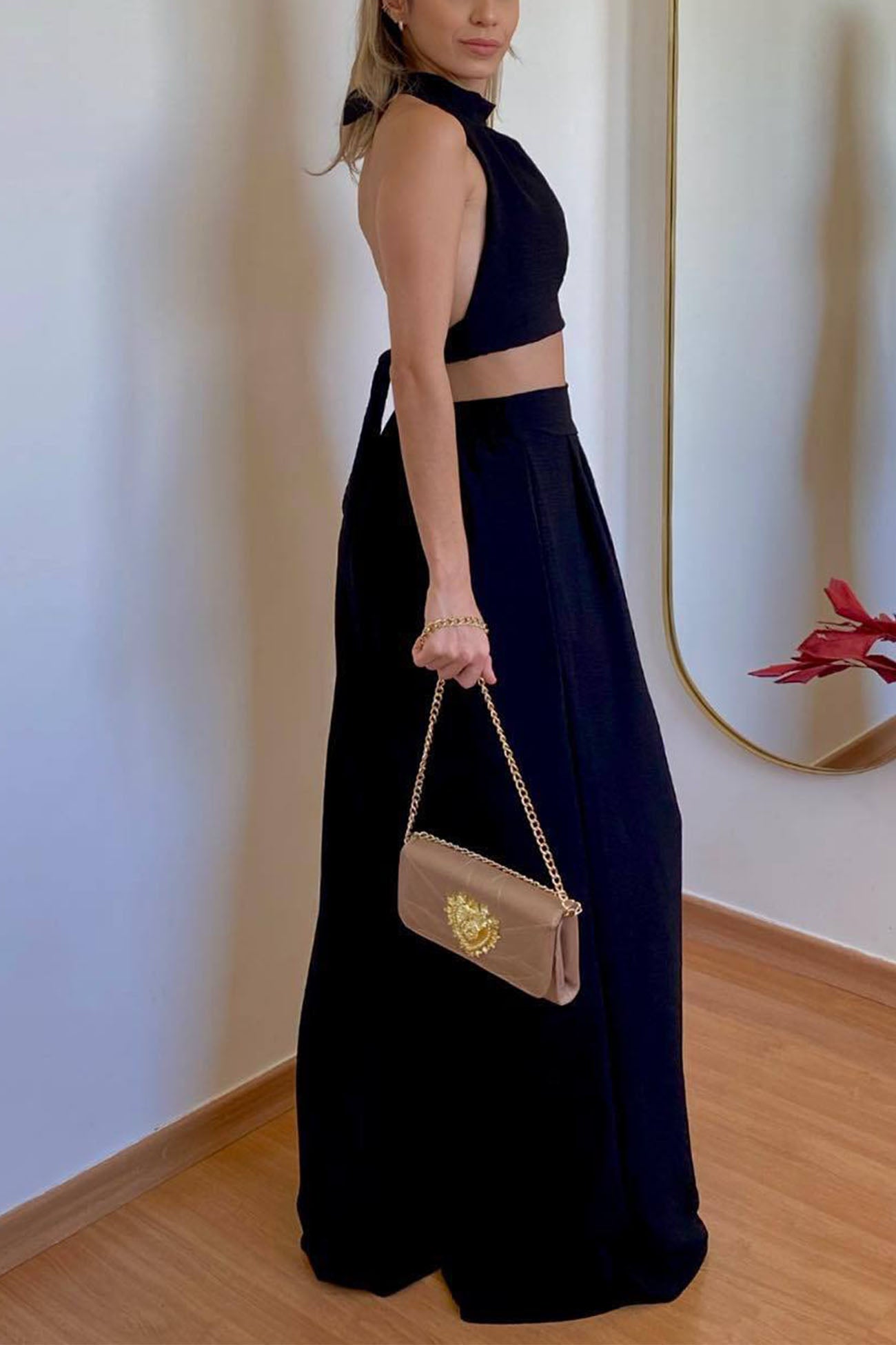 Maxct Halterneck Backless Tie Crop Top Wide Leg Pants Set