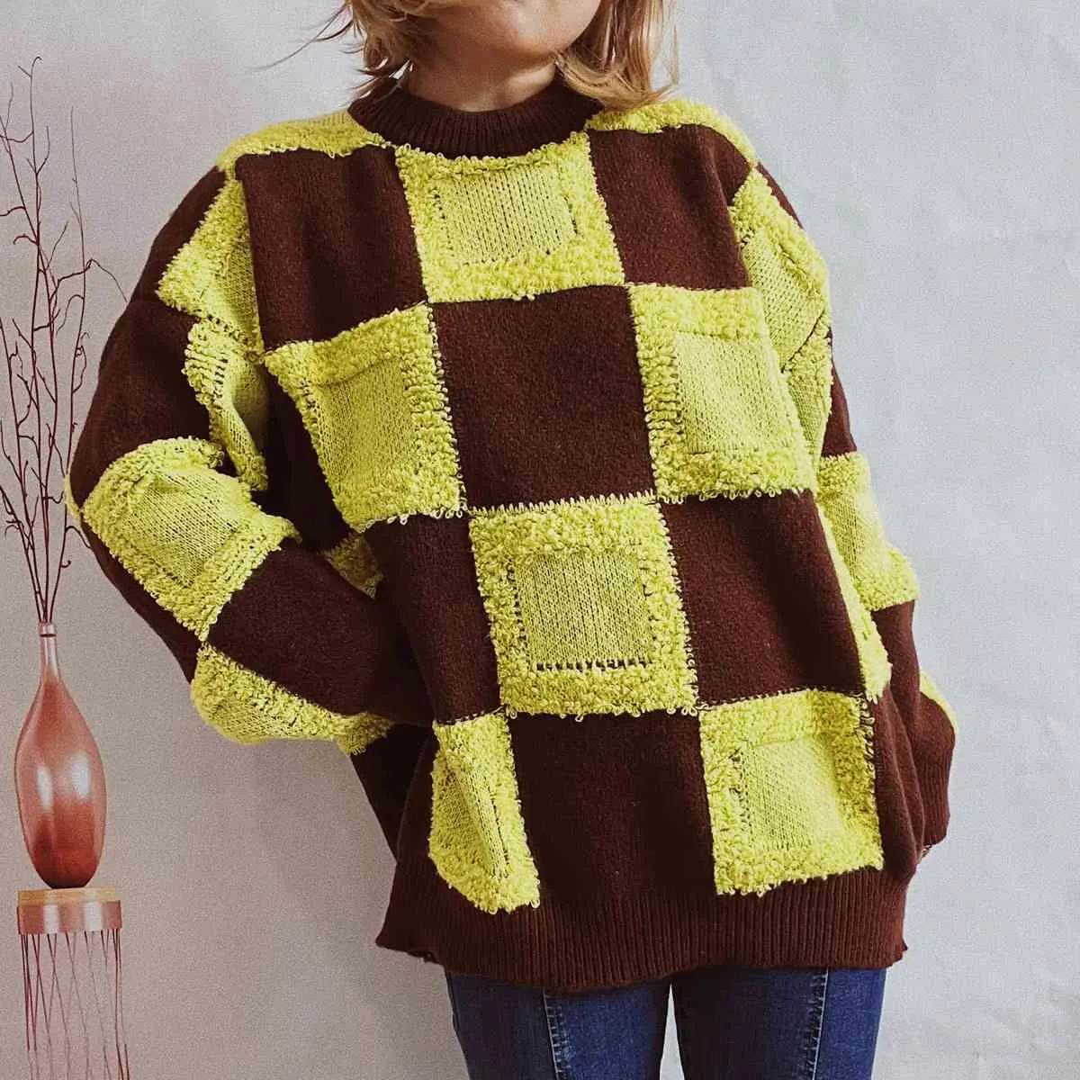 Maxct &Checkered Round Neck Long Sleeve Sweater