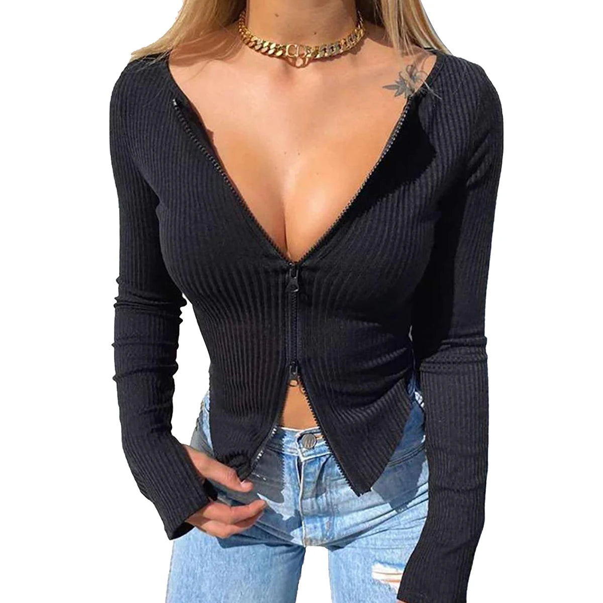 Maxct Chic Women Double Zipper Up Rib Knitted T-shirt Spring Autumn Long Sleeve Slim Fit Basic Tees 90s Vintage Elegant Crop Tops
