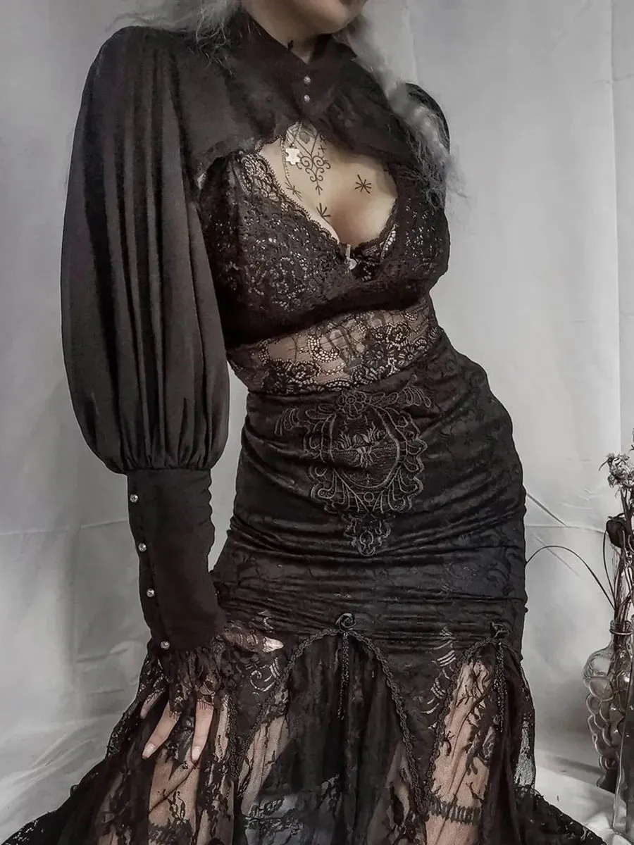 Maxct Women's Gothic Tops Short Blouse Women Featured Lace Wrap Design Dark Court Style High Neck Crop Top