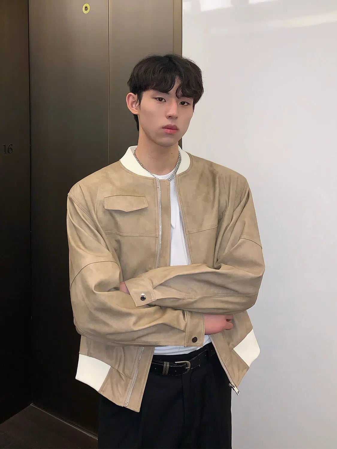 Maxct Round Neck PU Leather Jacket