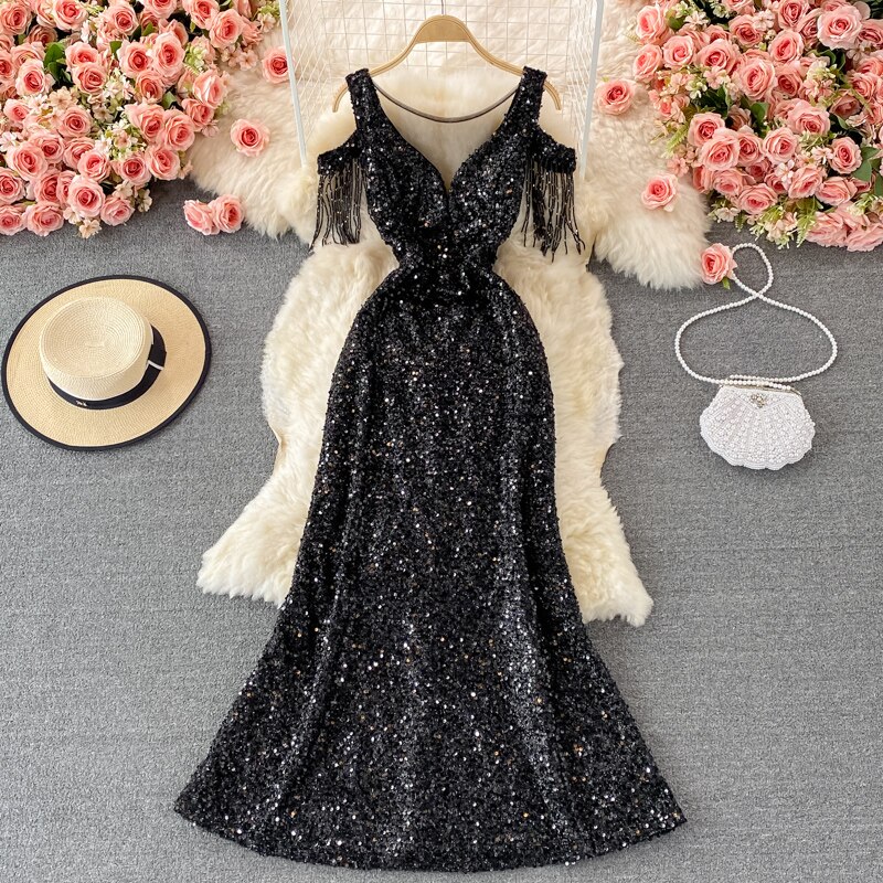 Sequins Party Maxi Dress For Women Sexy V-Neck Short Sleeve High Waist Tassel Long Robe Female Elegant Vestidos