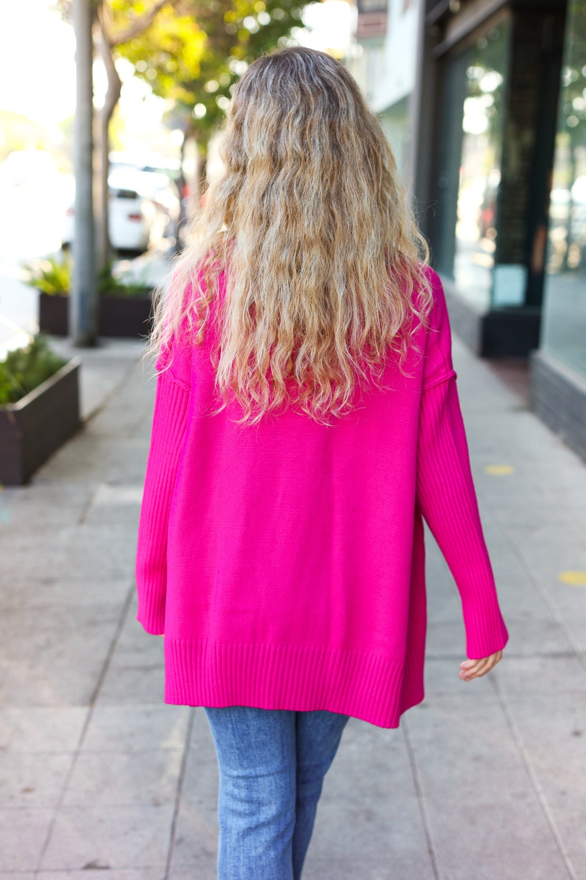 Maxct &Be Bold Magenta Oversized V Neck Rib Knit Sweater
