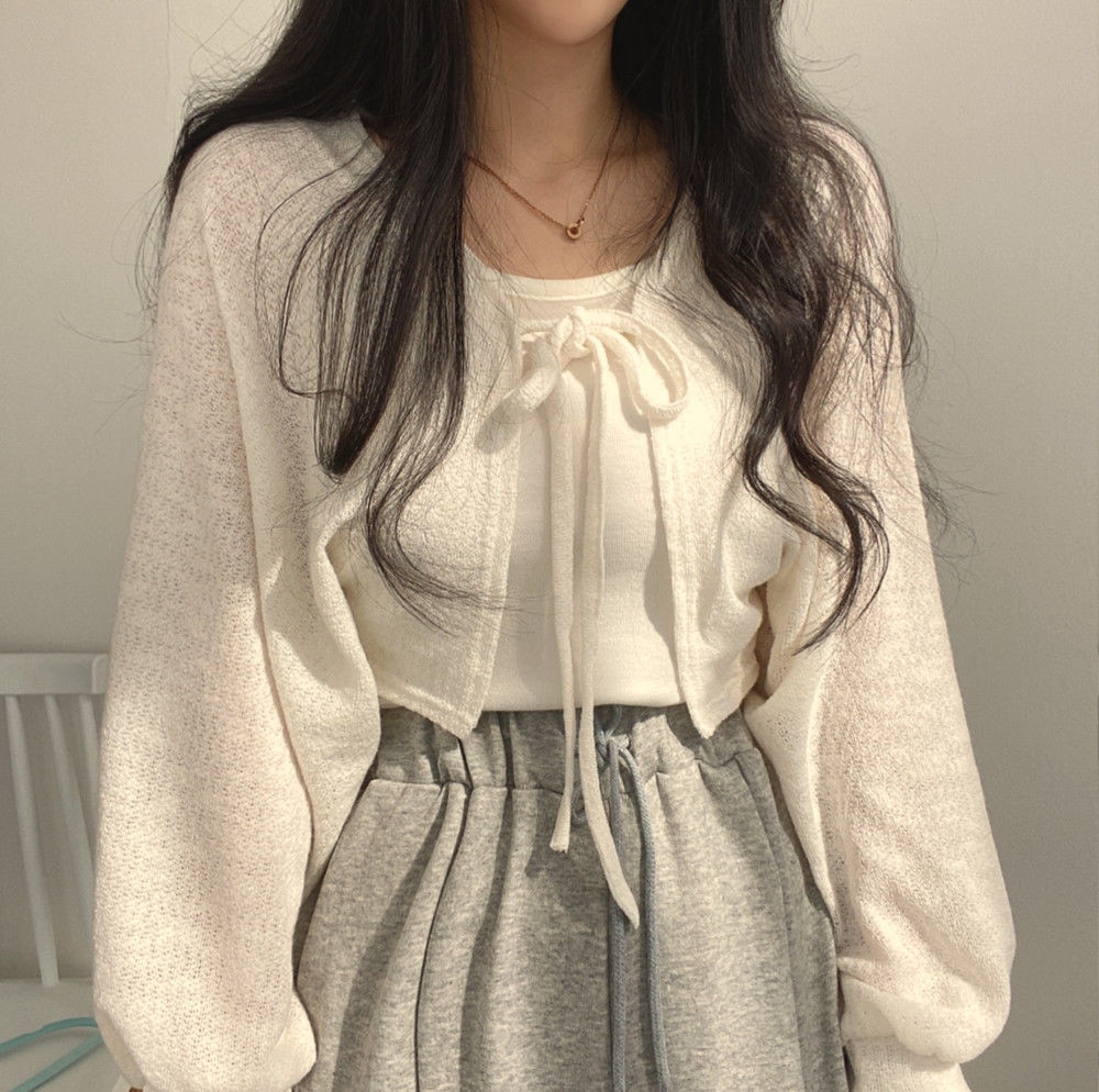 Thin White Cardigan Bandage Lantern Sleeve Short Coat Pull Femme Knitwear Top Girl Cardigan Korean Style Casual T Shirt