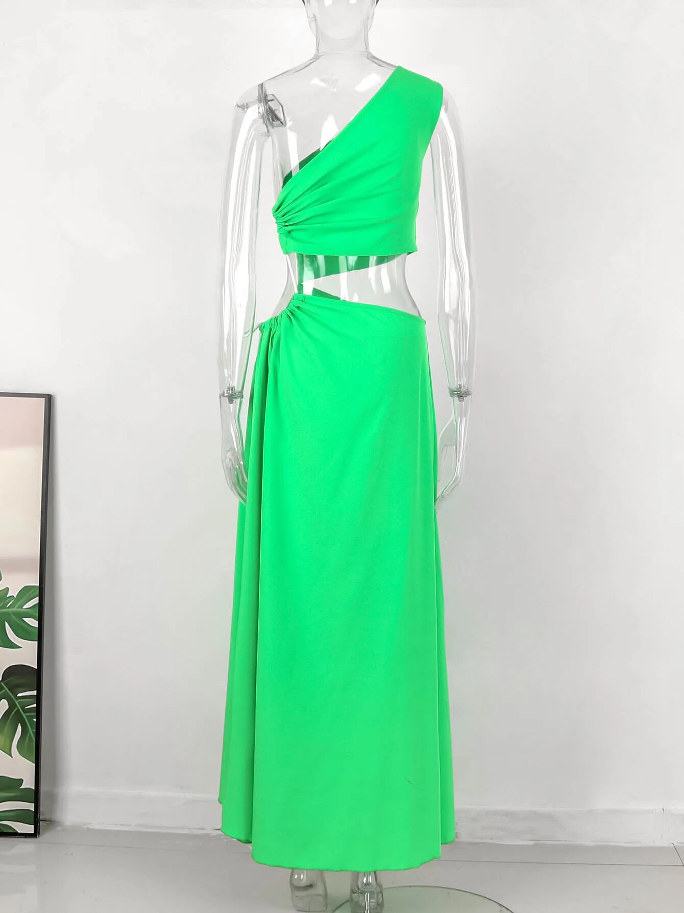 Maxct Fashion One Shoulder Green Long Dress Women Hollow Out Bodycon Summer Beach Dresses Side Split Wedding Party Vestidos Mujer