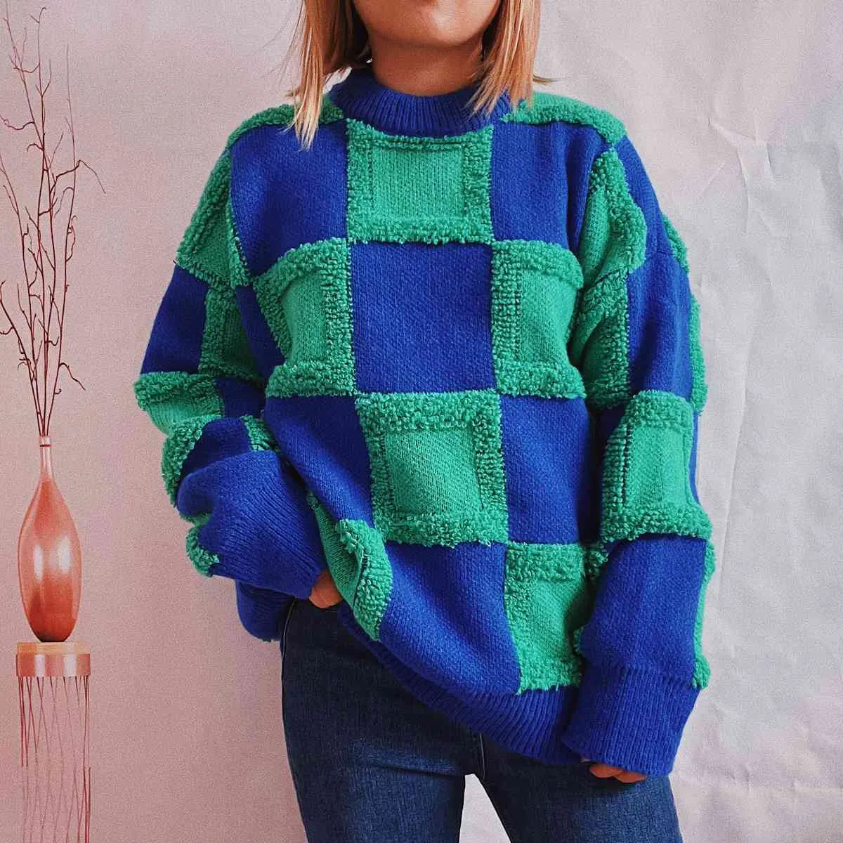 Maxct &Checkered Round Neck Long Sleeve Sweater