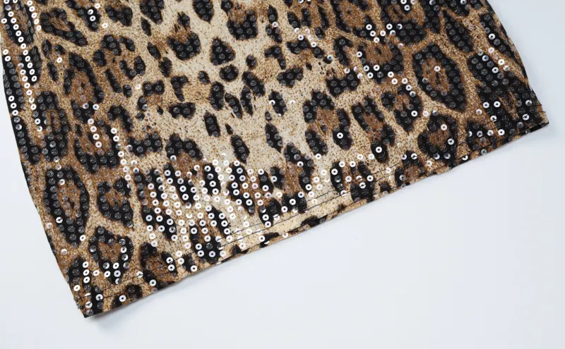 Leopard Print Spaghetti Shoulder Strap Square Collar Mini Dress Sparkly Sequins Party Club Y2K Clothes