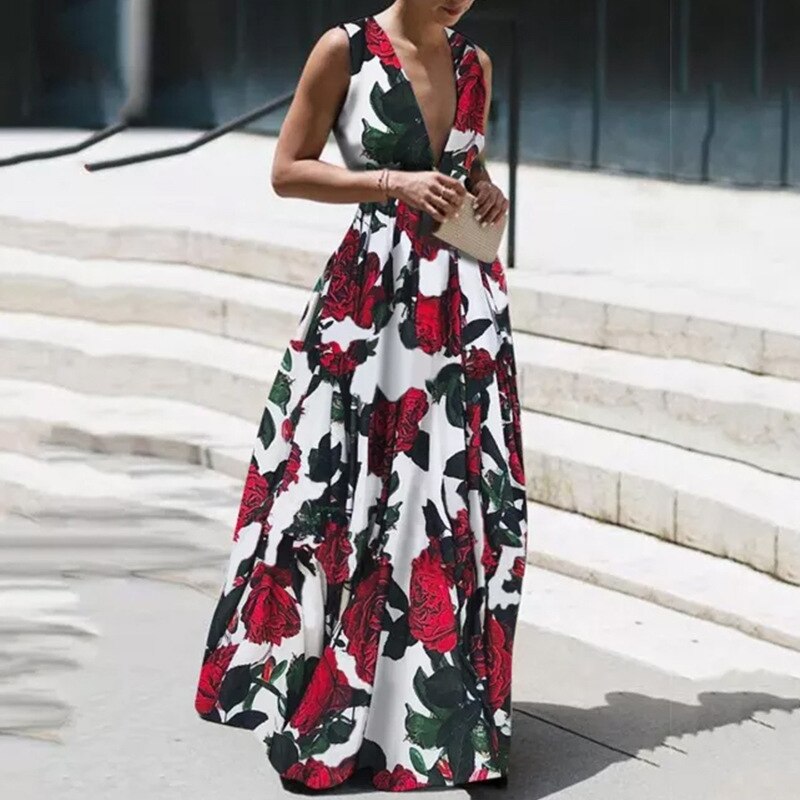 Maxct Summer Autumn Long Dress Fashion Retro Floral Print Sleeveless Holiday Dress Sexy Women Deep V Neck Elegant Party Dress