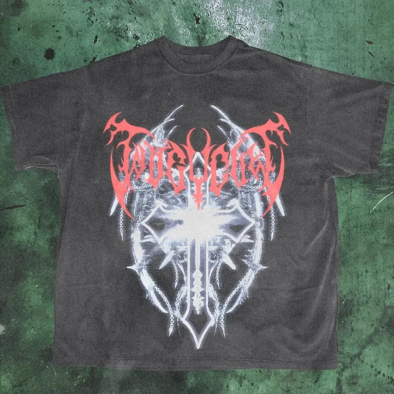 Maxct 90s Streetwear Gothic Streetwear T Shirts Men Harajuku Retro Print Pattern Oversized Tshirt Y2K Punk Skull Demon Graphic Short Sleeved Tops