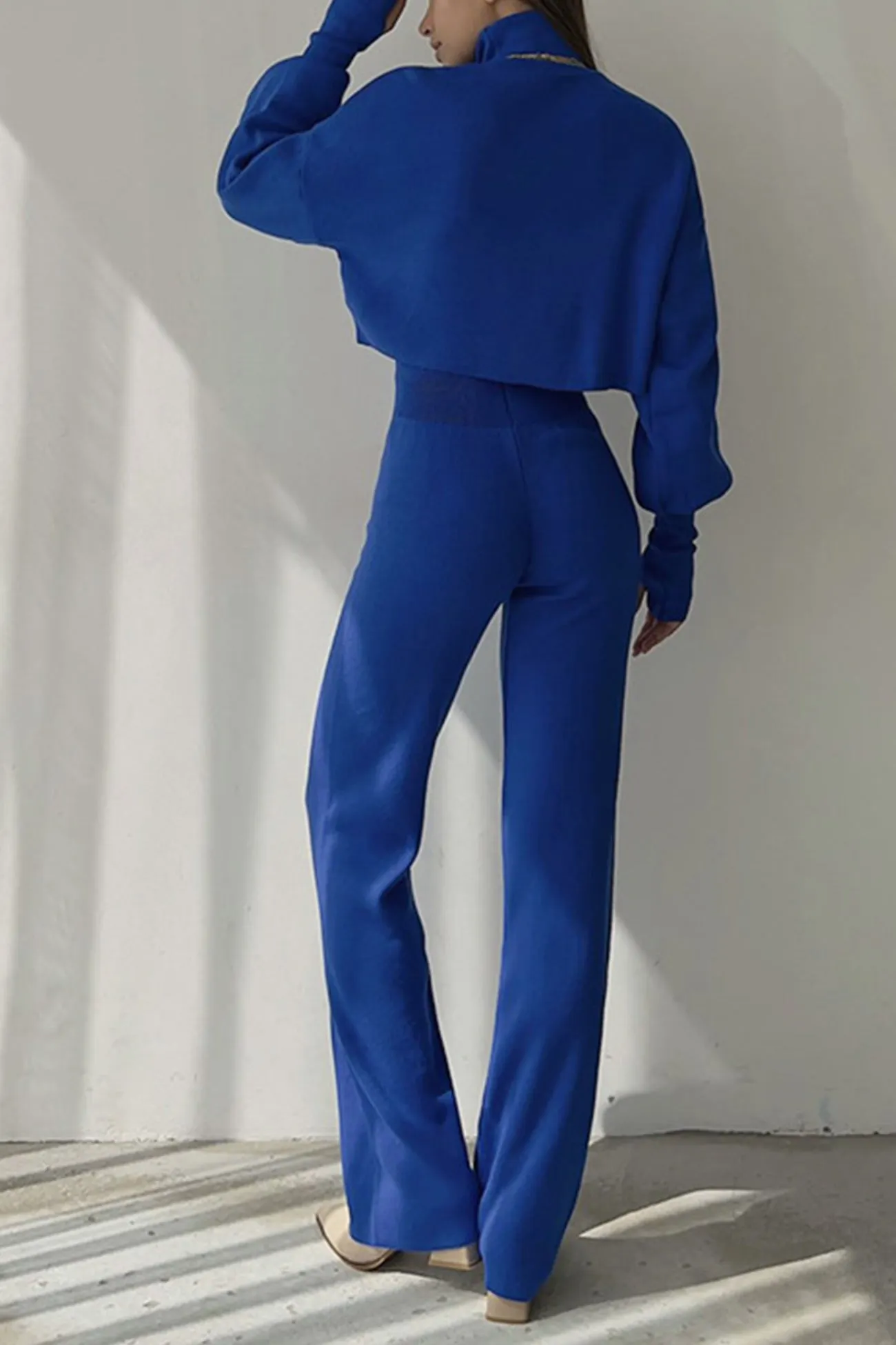 Maxct Solid High Neck Crop Top Long Pants Set