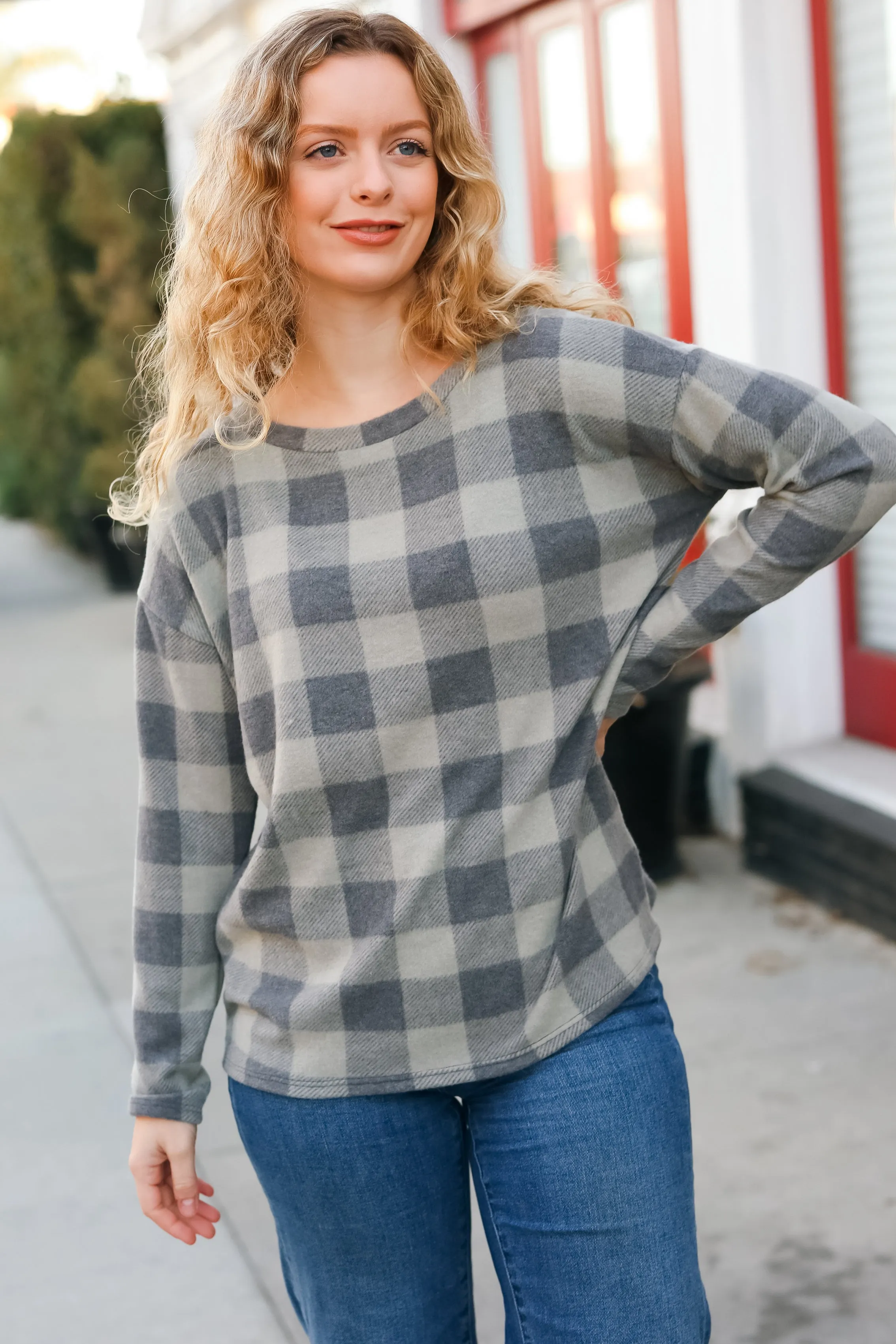 Maxct &Check It Out Olive Grey Checker Plaid Hacci Pullover