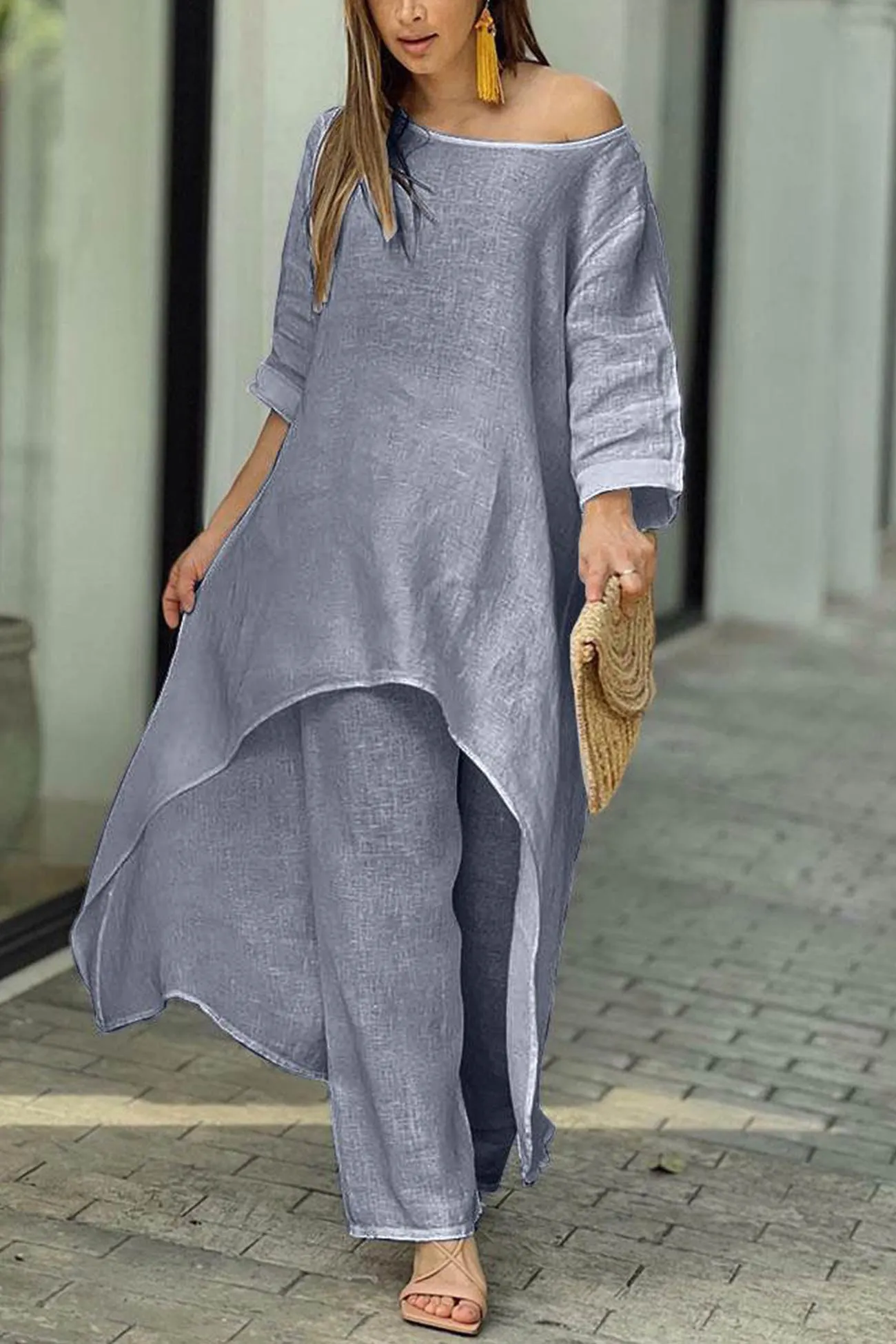 Maxct Cotton Drop Shoulder Irregular Tops Pants Set