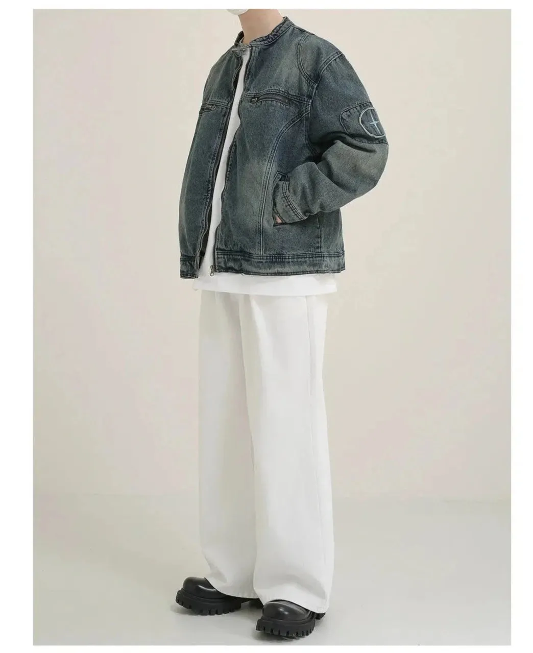 Maxct Zip Washed Stand Collar Denim Jacket