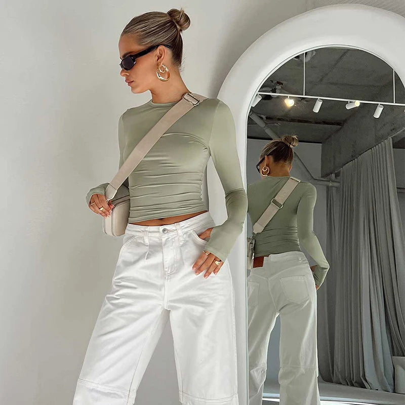 Maxct Female Korean Fashion Crop Tops Women Long Sleeve T-Shirts Solid Color O Neck Slim Fit Casual Basic Tees Going Out Outfits