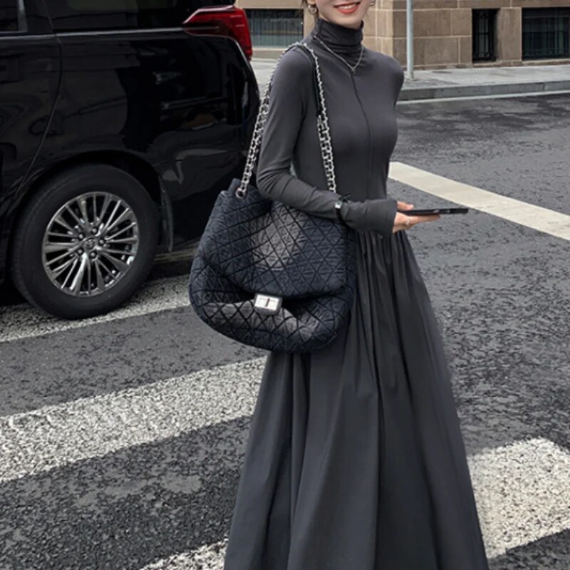 Maxct New Autumn French Midi Dresses Women Elegant Chic Turtleneck Fashion Casual A-Line Black Long Sleeve Cotton Female Clothing