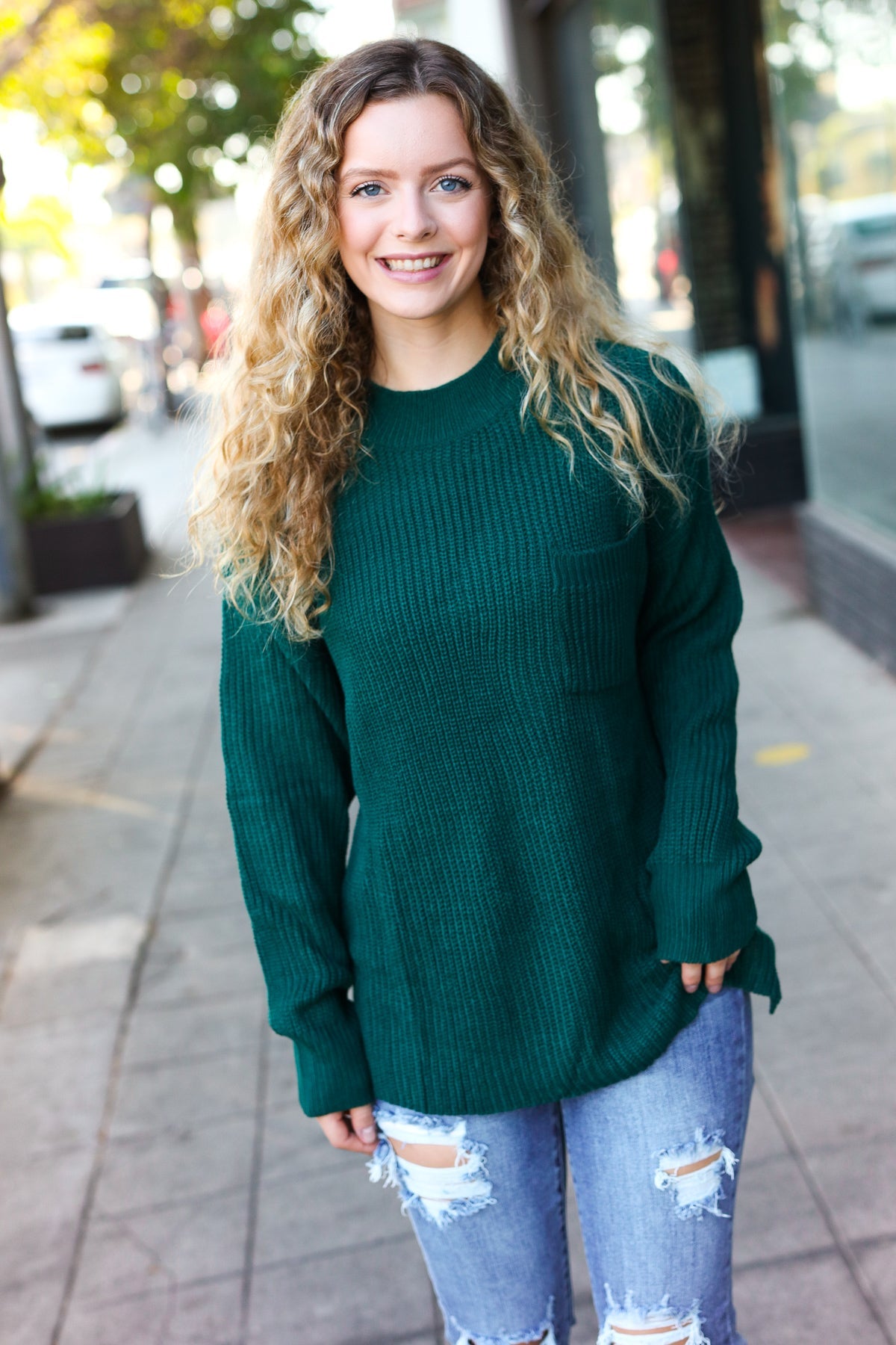 Maxct &Classy Chic Hunter Green Mock Neck Chest Pocket Knit Sweater