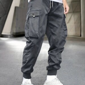 Maxct  Men's Letter Graphic Drawstring Waist Cargo Pants With Flap Pockets
