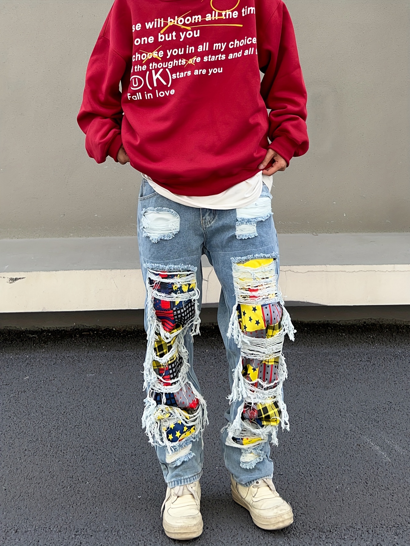 Loose Fit Patchwork Jeans, Men's Casual Street Style Wide Leg Pants With Creative Tassels