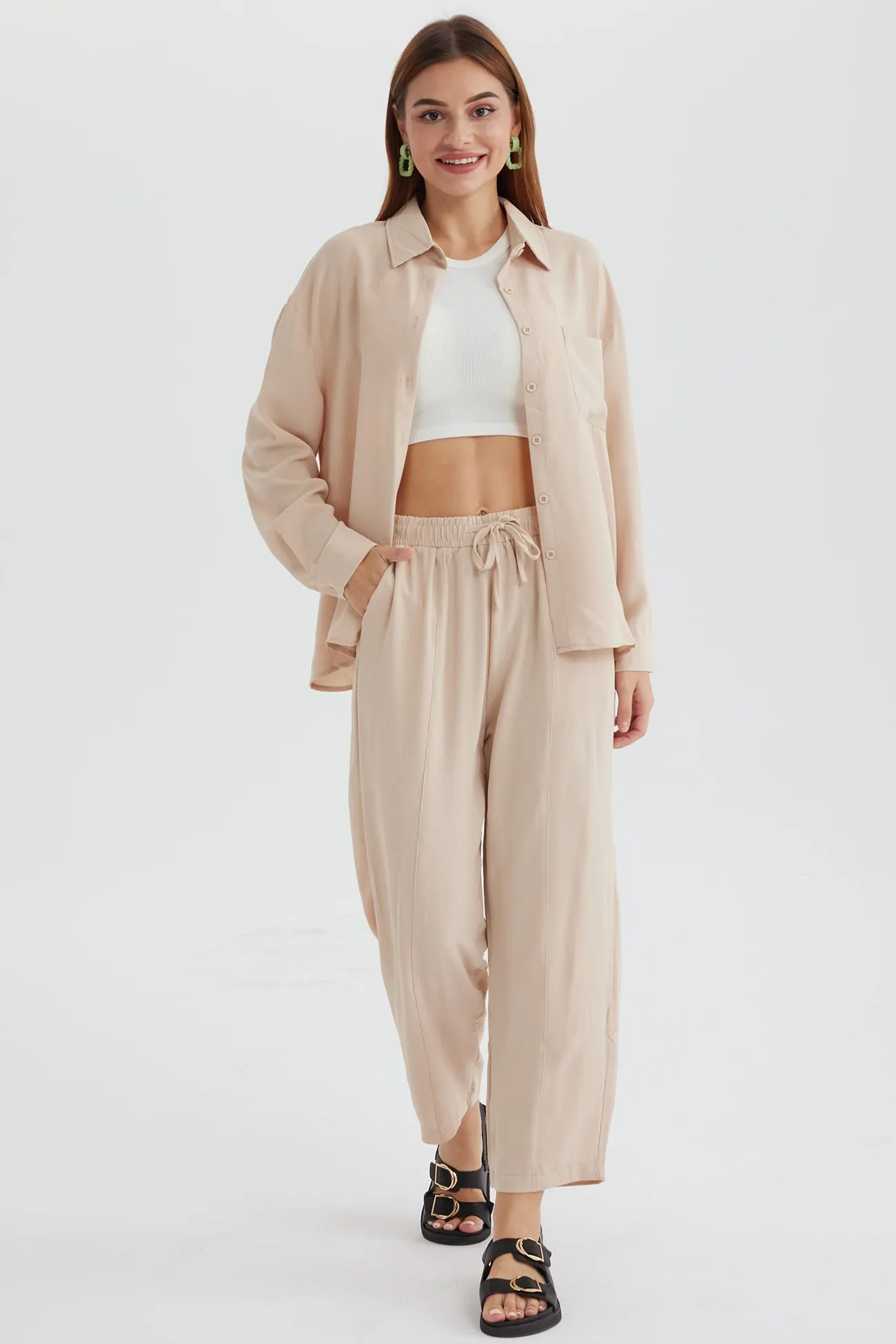 Maxct Long Sleeve Solid Color Shirt Long Pants Set - Image 13