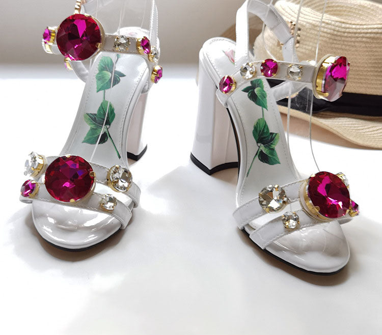 White Fish Mouth Gemstone Thick Heel Sandals Maxct
