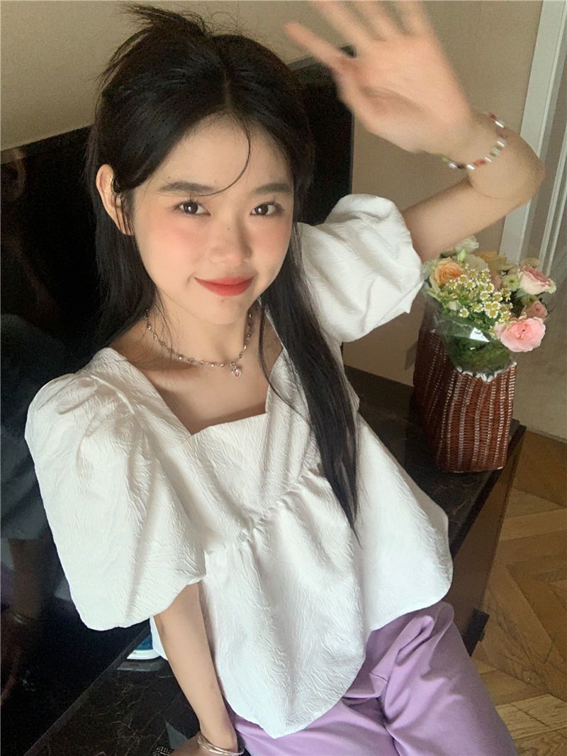 Blouses Women Square Collar Sweet Loose French Style Puff Sleeve Chic Ruffles Simple Ulzzang Solid Fashion Temper Student Summer