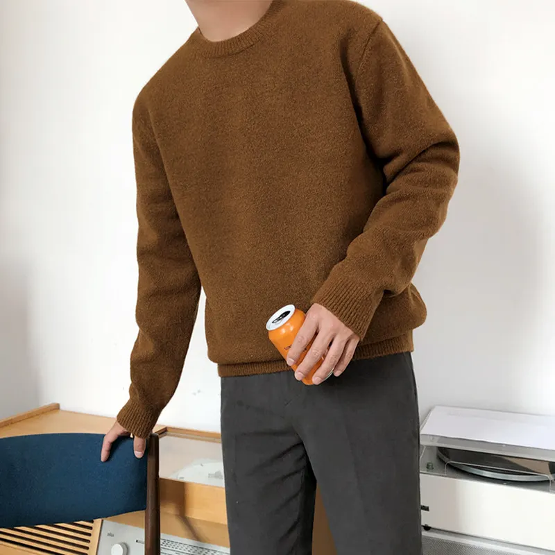 Maxct streetwear men outfits Sweater Men's Korean-Style Loose round Neck Solid Color Sweater Autumn and Winter Thickened Trendy Boys Bottoming Shirt outside