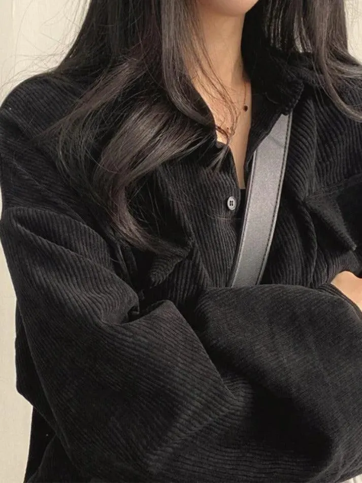 Maxct Vintage Corduroy Lapel Neck Button Long Sleeve Blouse