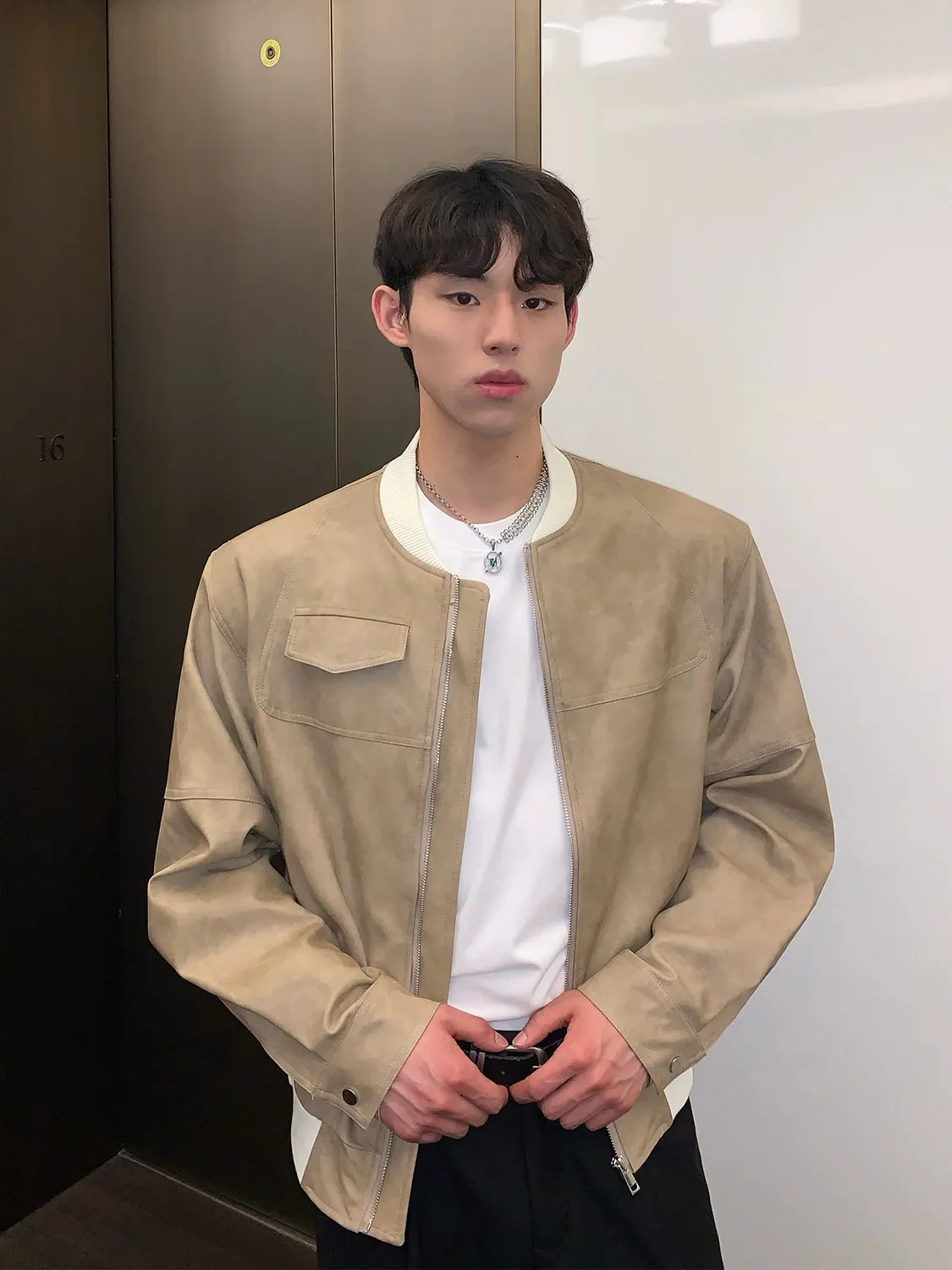 Maxct Round Neck PU Leather Jacket