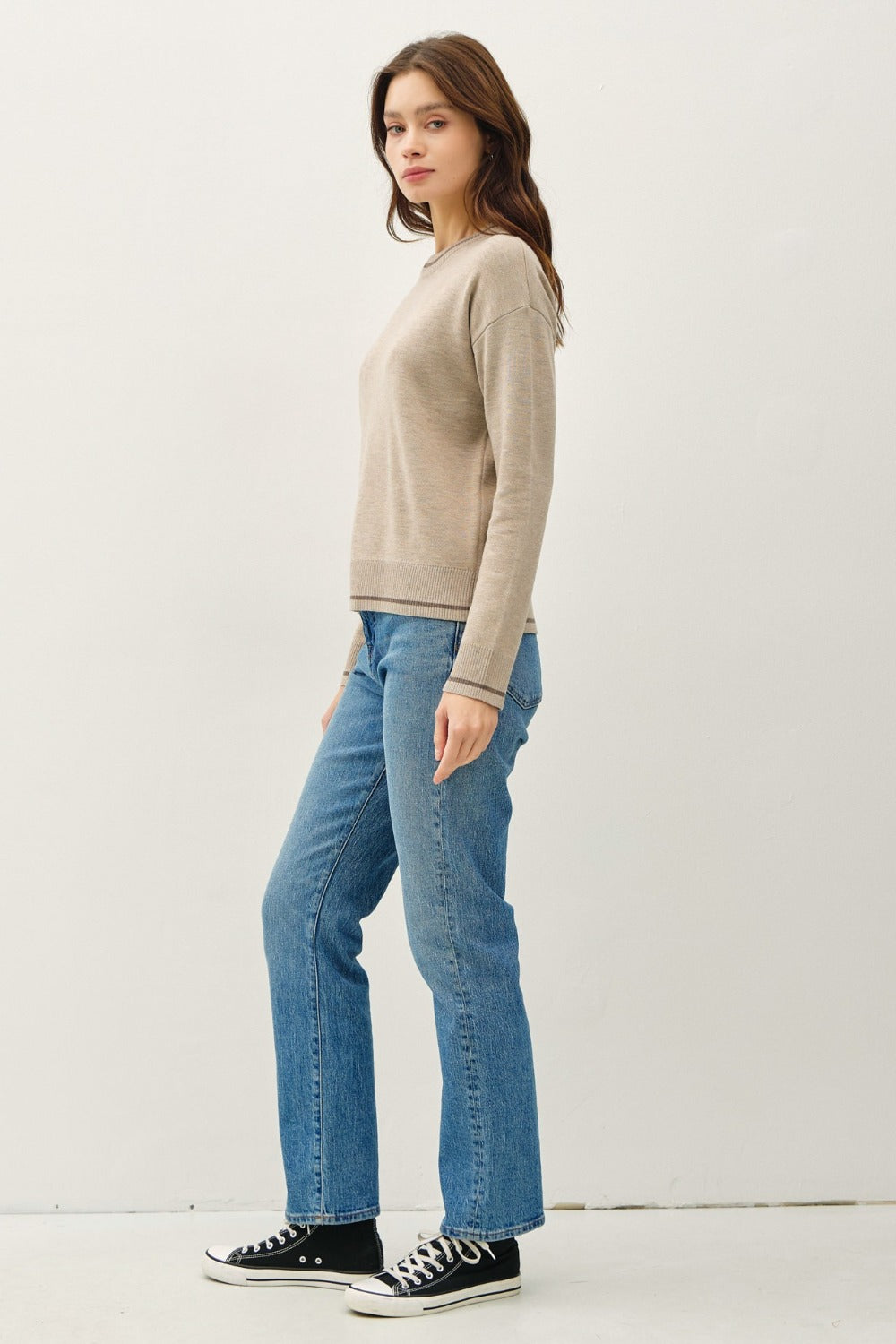 Maxct &Be Cool Striped Trim Round Neck Long Sleeve Sweater