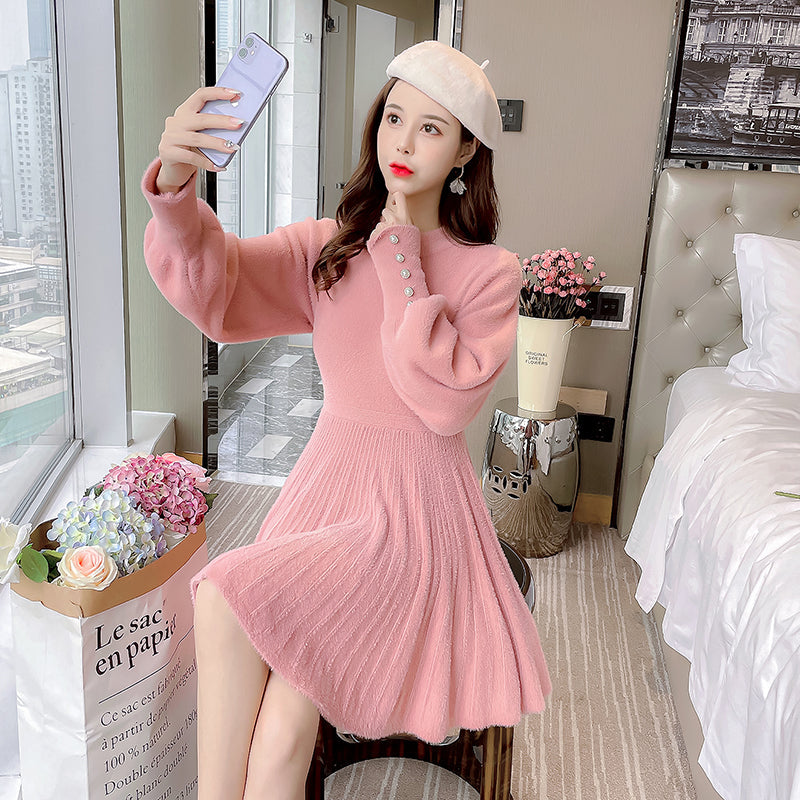Fuzzy Puff Sleeve Sweater Dress Maxct