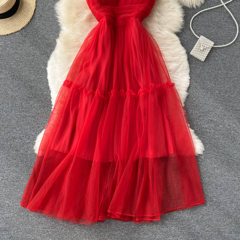 Women's Sexy Mesh Spaghetti Strap Long Dress Summer Orange/Purple/Blue/Pink Ruffle A-Line Beach Robe Female Elegant Party Vestidos