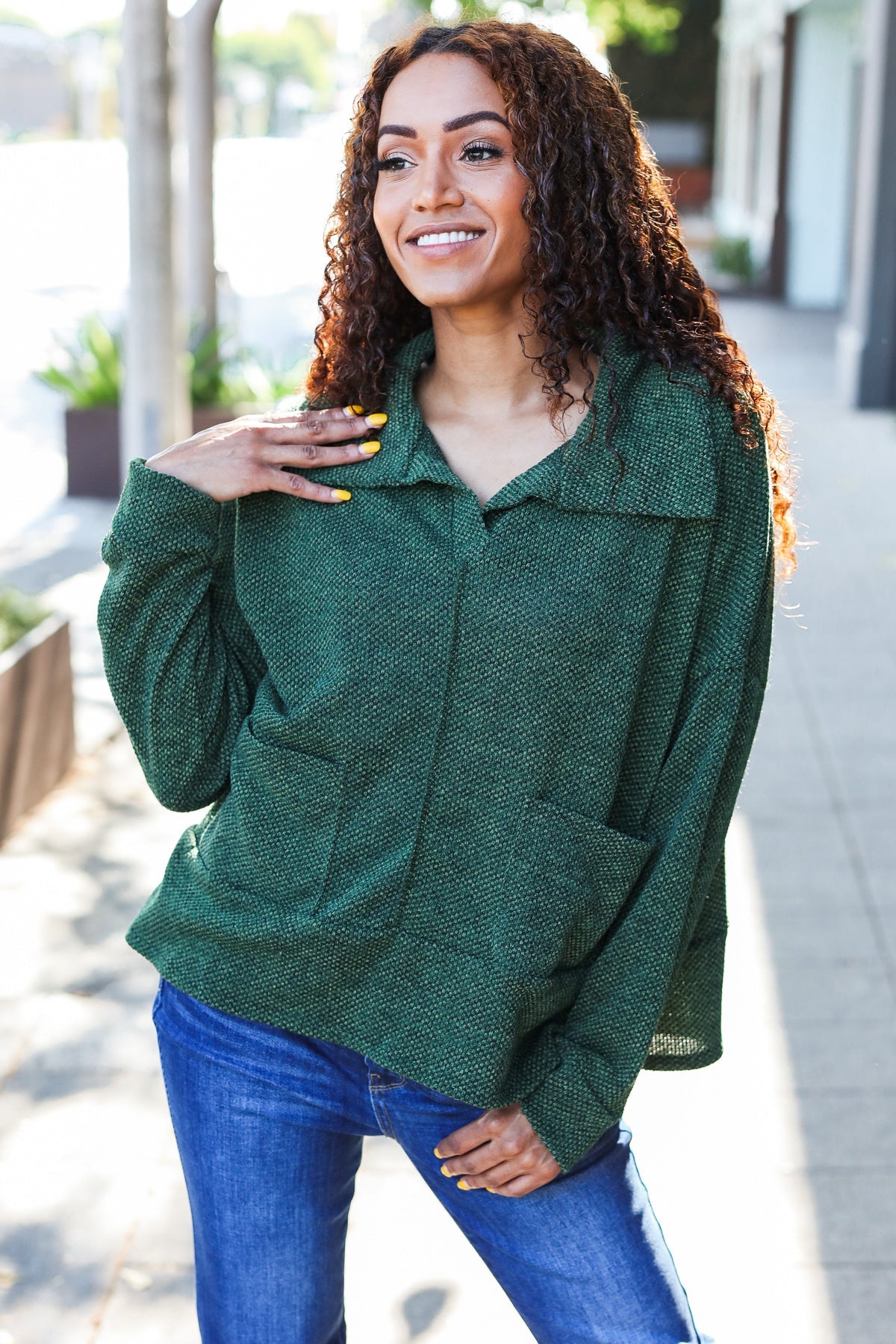 Maxct &Easy Living Olive Textured Knit Notch Neck Oversized Collar Sweater