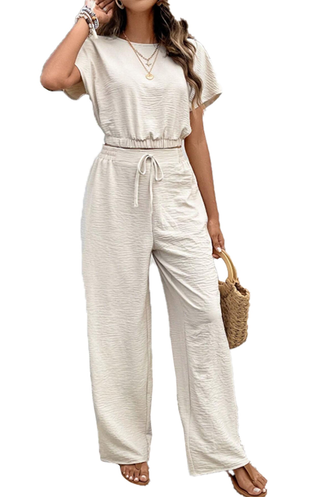 Maxct Batwing Sleeve Drawstring Straight Long Pants Set