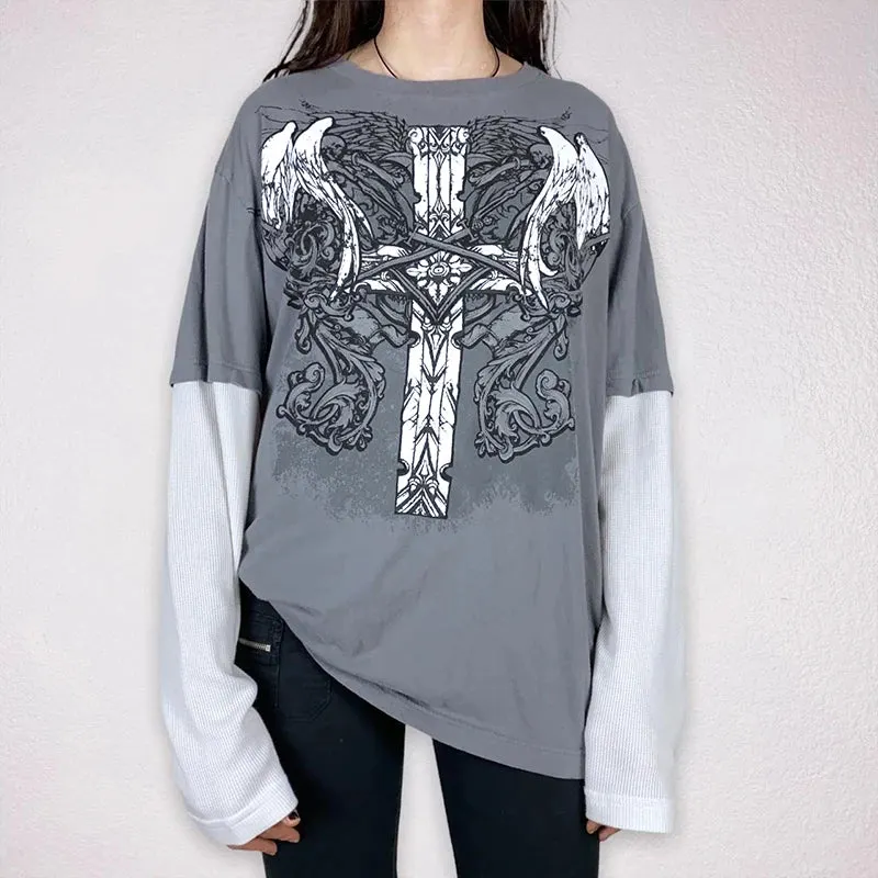 Maxct Cross Print T-shirt Women Y2K Cyber Grunge 00s Retro Harajuku Patchwork Long Sleeve Tee Gothic Mall Goth Sweats Tops