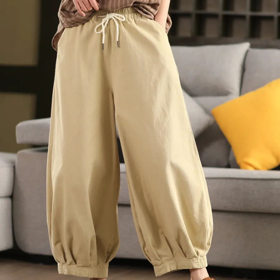 Women Spring Retro Cotton Solid Color Harem Pants
