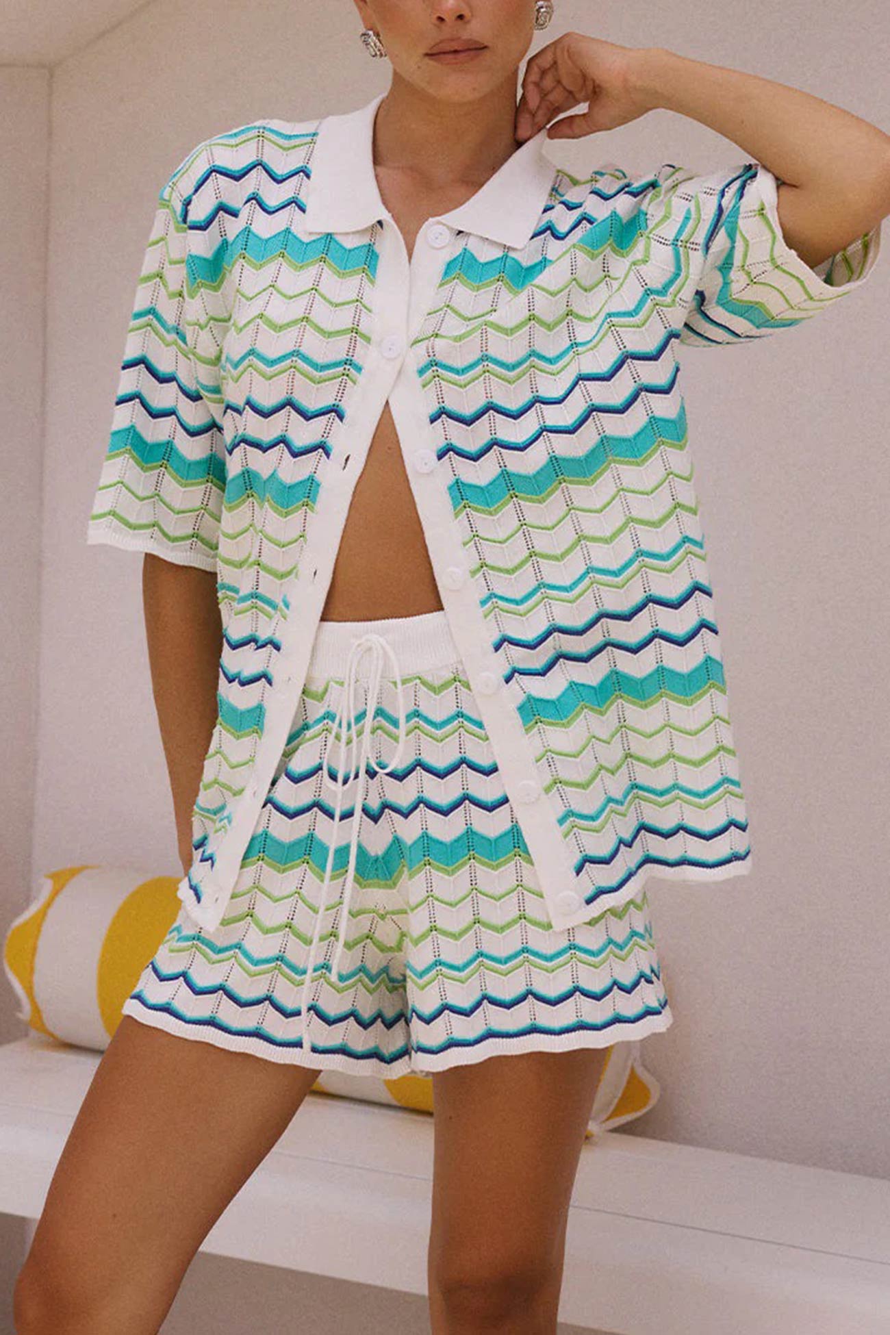 Maxct Contrast Striped Knit Cardigan Shorts Set