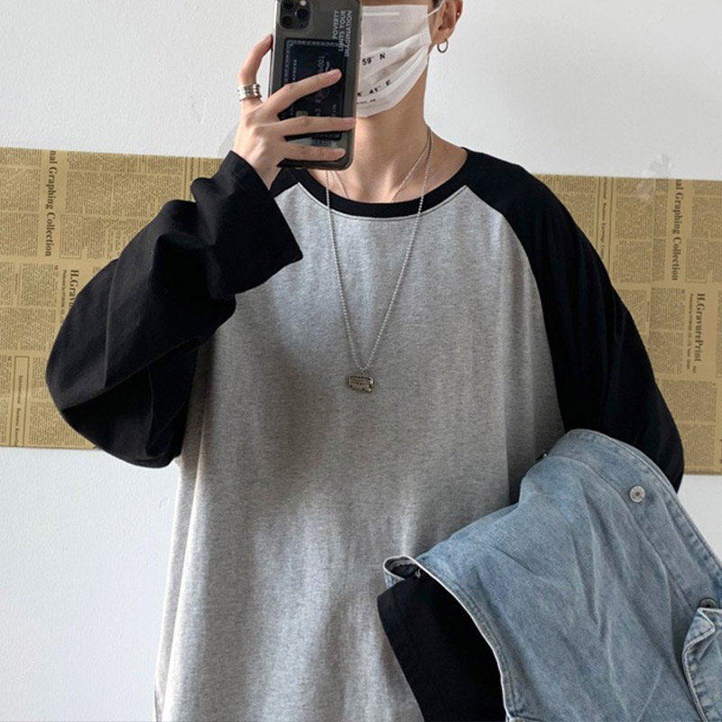 Oversized T-shirt Round Collar Contrast Color Long Sleeve Tops Women Spring Patchwork Kawaii T Shirts Unisex Streetwear