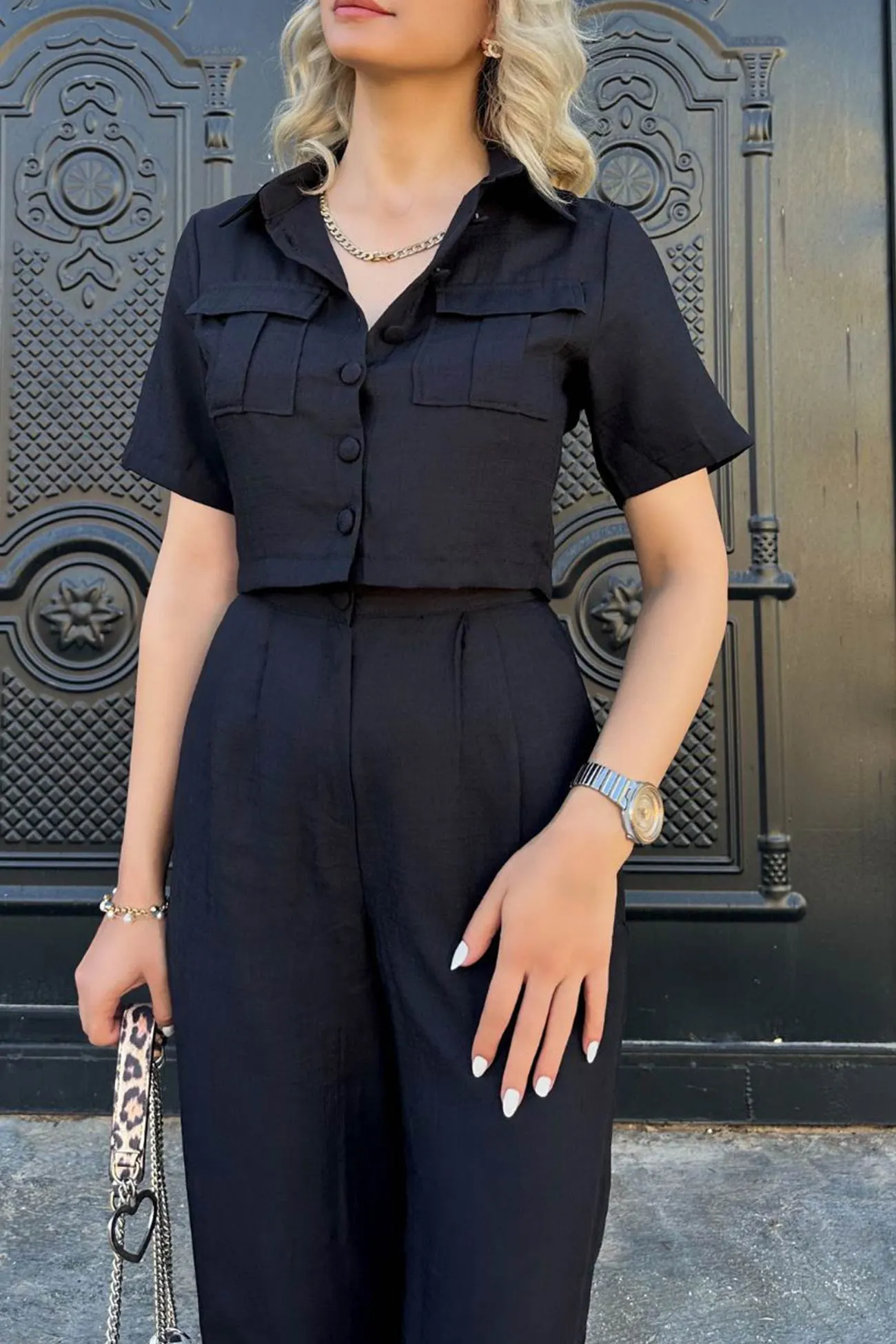 Maxct Solid Crop Blouse Long Pants Set