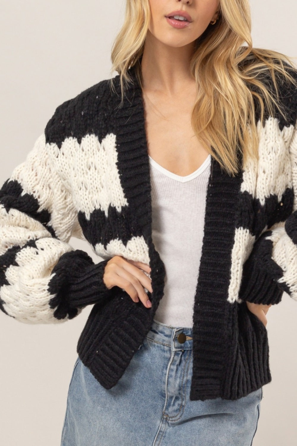 Maxct &HYFVE Scallop Striped Open Front Long Sleeve Sweater Cardigan