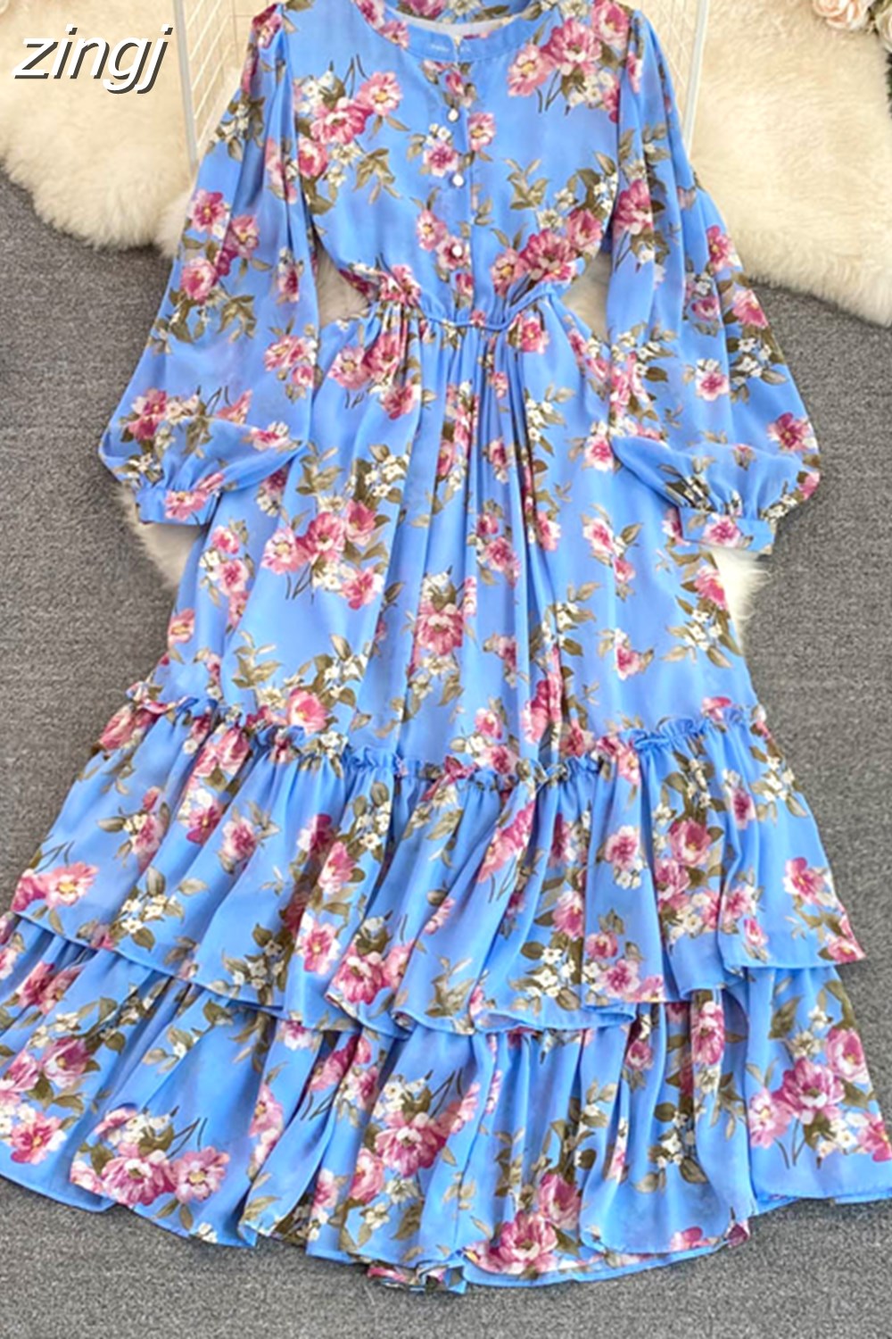 Maxct Vintage Floral Chiffon Long Dress Elegant O-Neck Puff Sleeve High Waist A-Line Ruffle Hem Vacation Beach Maxi Vestidos