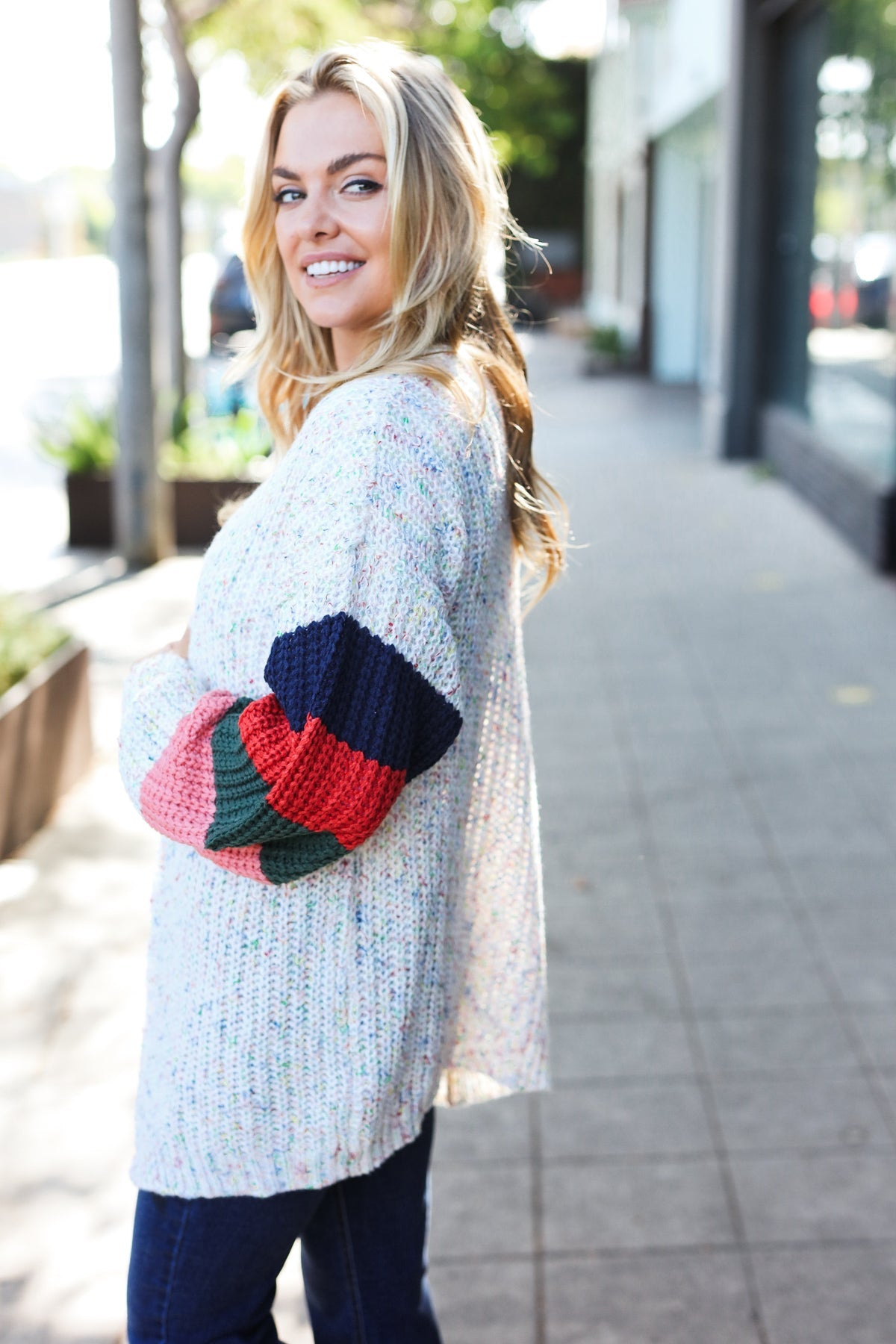 Maxct &Weekend Ready Ivory Multicolor Mixed Thread Bubble Sleeve Cardigan