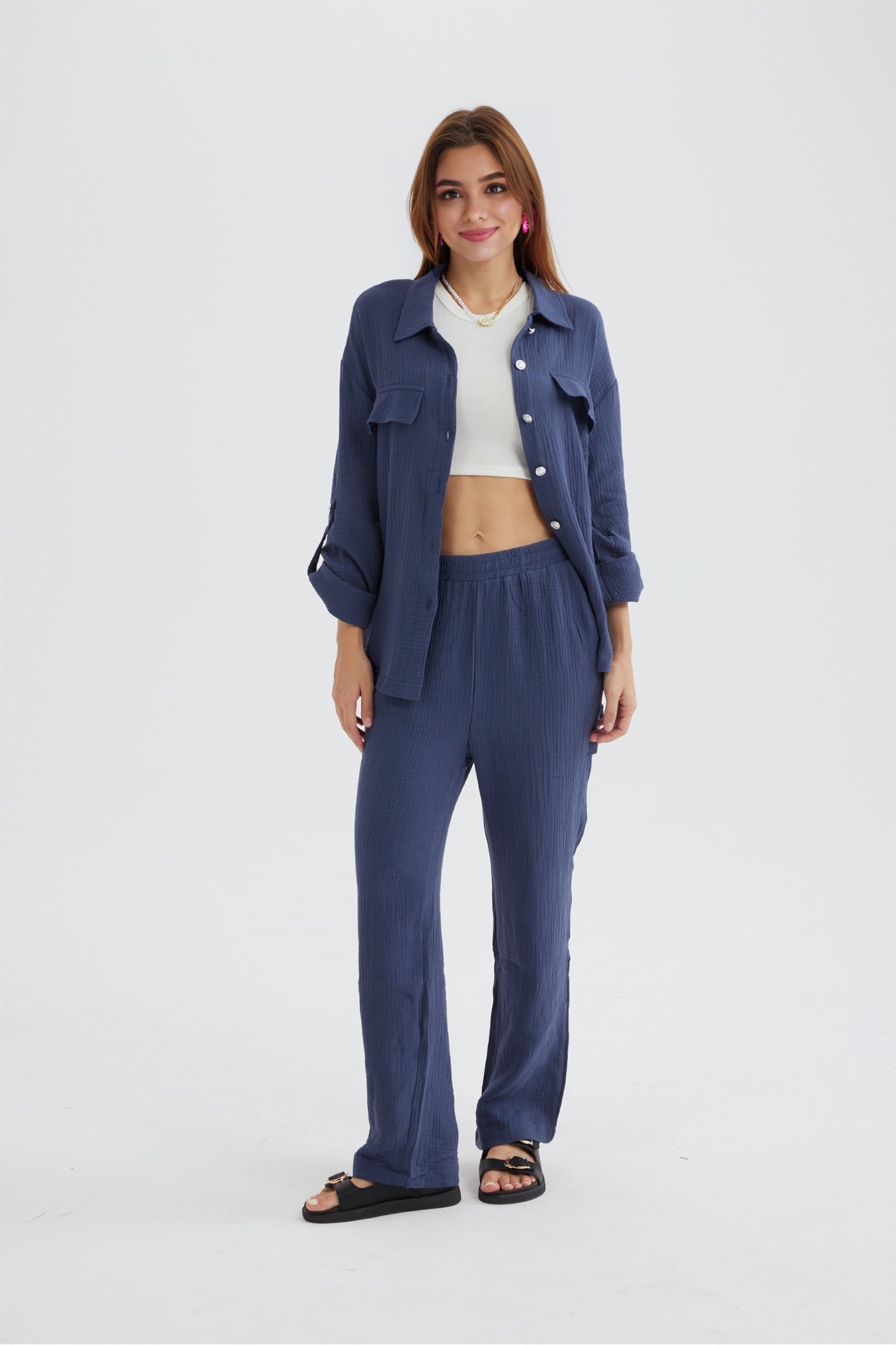 Maxct Long Sleeve Pocketed Slit Shirt Long Pants Suits