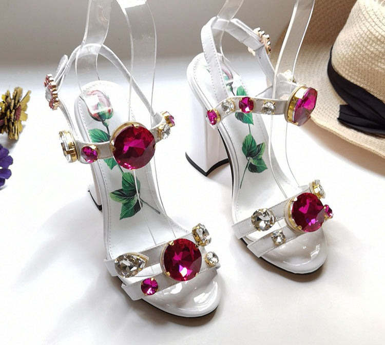 White Fish Mouth Gemstone Thick Heel Sandals Maxct