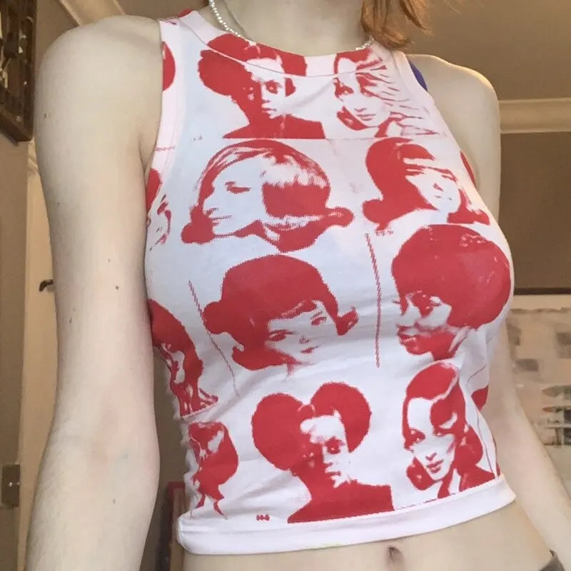 Maxct 90s Vintage Portrait Graphic Print T-shirt Harajuku Crop Top Y2K Aesthetic Summer Slim Fit Tees Tops Women Streetwear Gothic