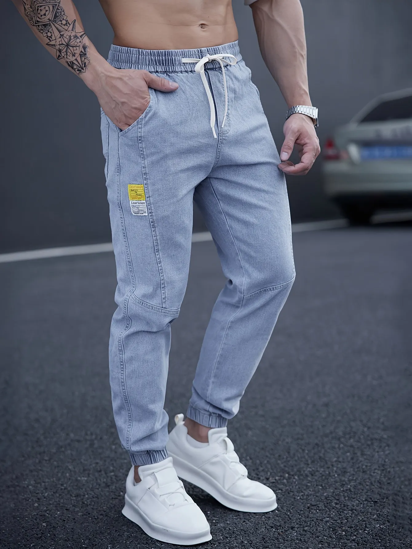 Men's Drawstring-Waist Tapered Denim Joggers