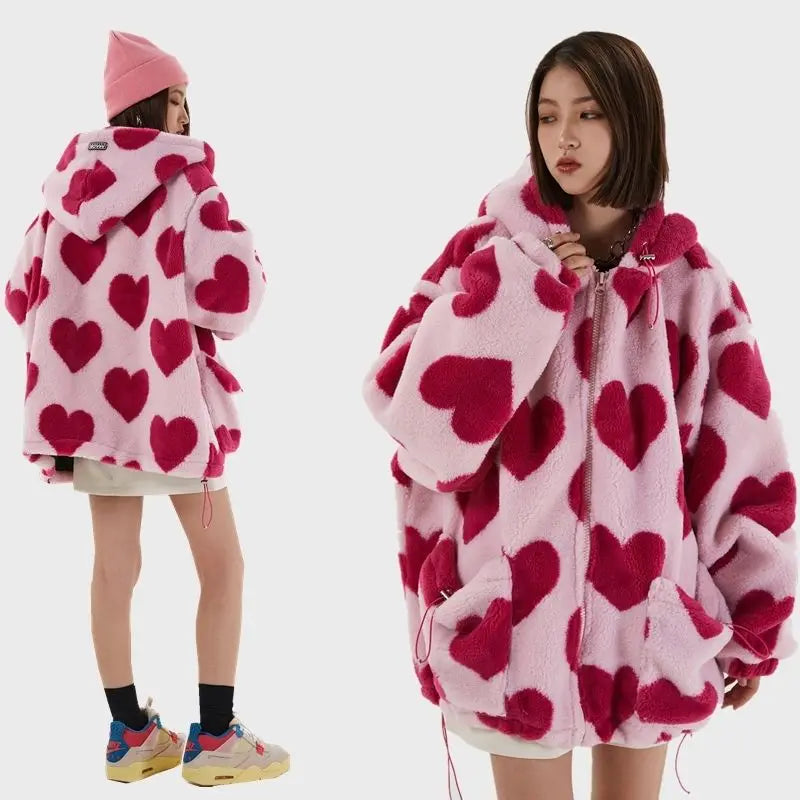 Student Hoodie Cotton Women's Hearts Print Fur Jacket Maxct
