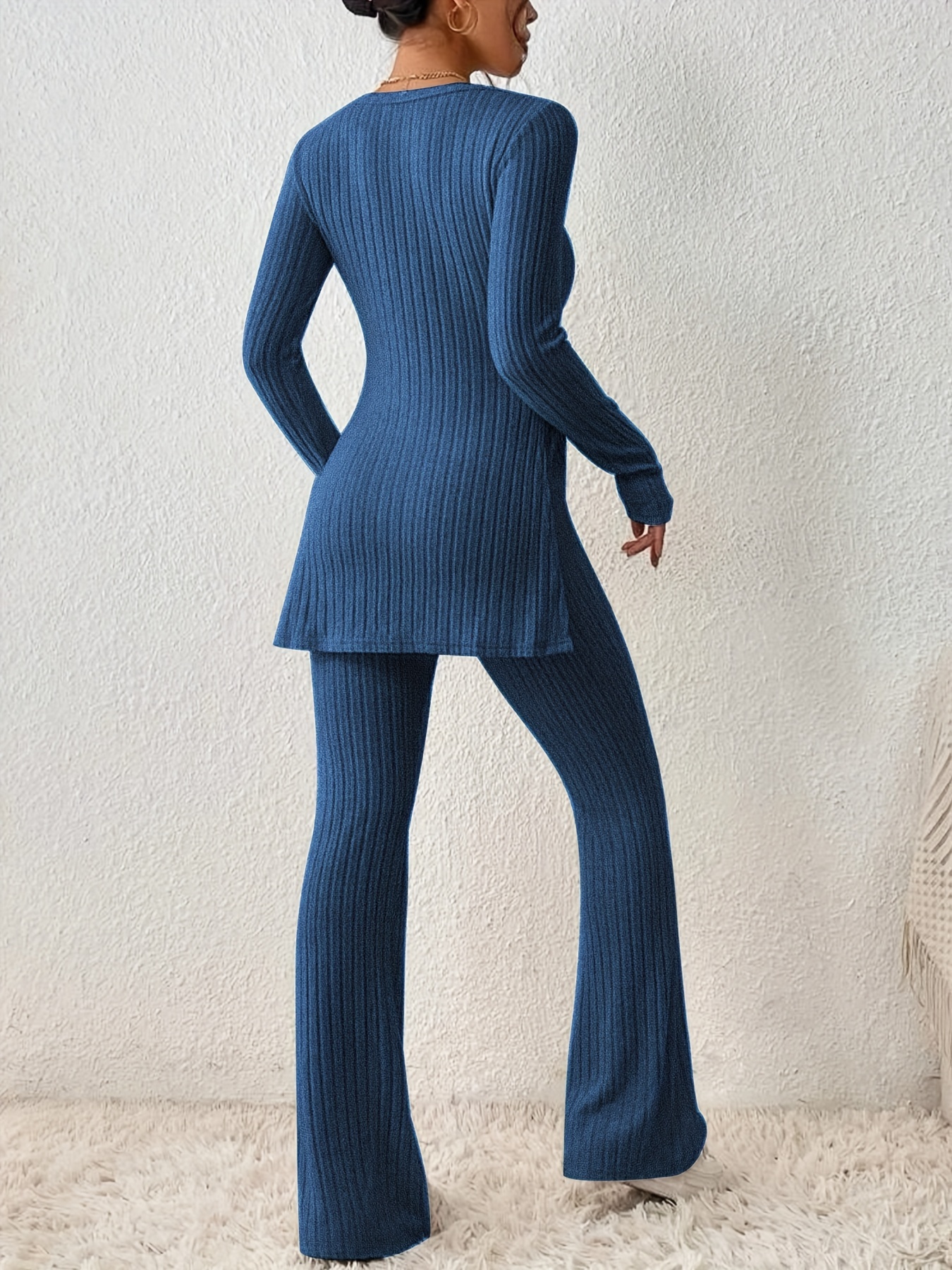 Solid Textured Two-piece Set, Long Sleeve Slit Long Length Top & Skinny Pants Outfits, Women's Clothing