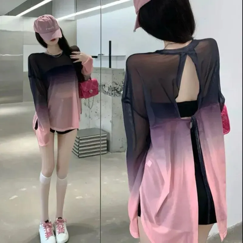 Maxct Sexy Hollow Out Backless T Shirts Women Gradient Ice Silk Loose Sunscreen Shirts Summer Gothic See Through Blouses Tops