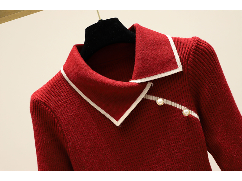 Maxct Winter New Knitted Bottoming Dress for Women High-end Temperament Lapel Long Sleeve Button Deco A-line Sweater Long Dress